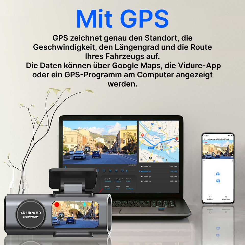 Alpsecure DashPro 4K mit GPS-Funktion zur Routenaufzeichnung, Geschwindigkeitserfassung und Standortanzeige über Google Maps, Viidure-App und PC-Software